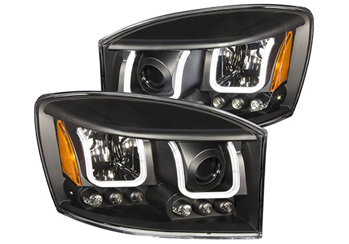 Black Projector Headlights With U-Bar Halos 06-08 Dodge Ram - Click Image to Close